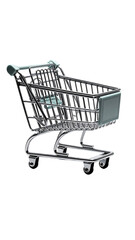 A 3D-rendered gray shopping cart, slightly angled, with a teal back panel and four small wheels