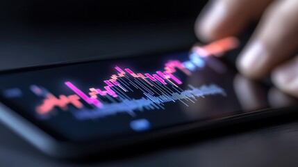 Close up of a hand touching a smartphone screen displaying a vibrant financial stock market chart Glowing pink and red