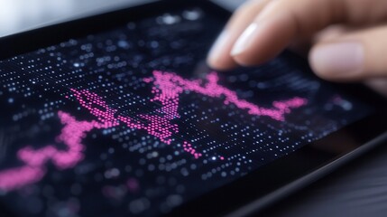A finger interacts with a digital tablet displaying a fluctuating pink data visualization graph on a dark screen
