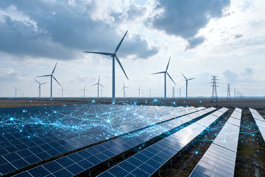 Solar panels and wind turbines in a renewable energy field with digital network overlay