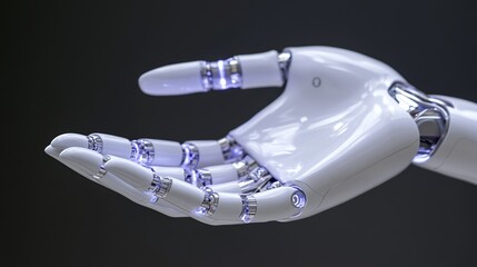 Close up of a sophisticated white robotic hand with glowing blue joints and an open palm on a dark background
