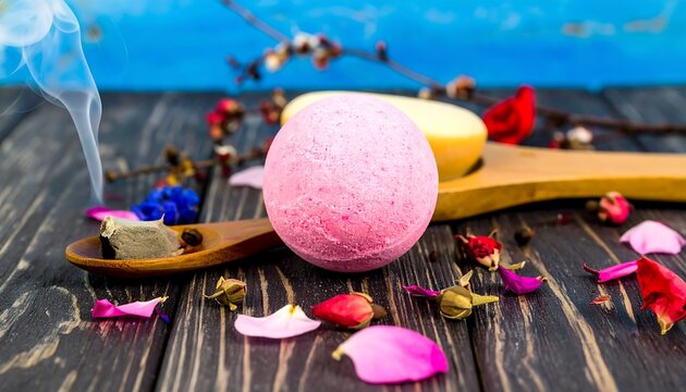 Aromatic bath bomb with flowers and incense