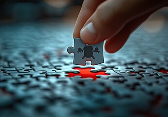 Obraz premium Hand placing puzzle piece with symbol