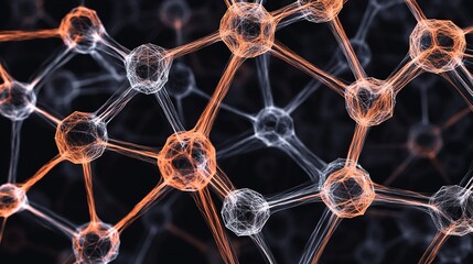 Glowing abstract network of interconnected orange and white spherical nodes with radiating lines on a dark background
