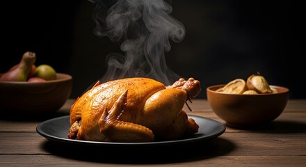 Roasted Chicken Dinner with Steam, and Food.