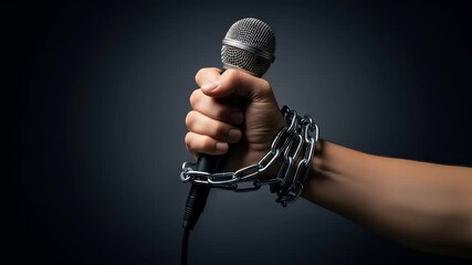 Hand Clenching Microphone Encircled In Silver Chain On Dark Blue Background