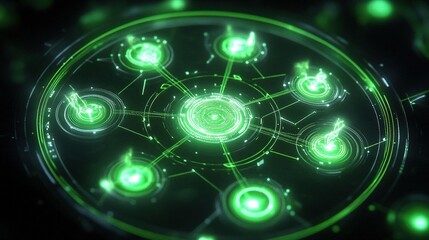 Abstract glowing green futuristic digital network featuring a central core connected to multiple luminous nodes