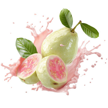 Guava with Pink Milk Splash on a Transparent Background

