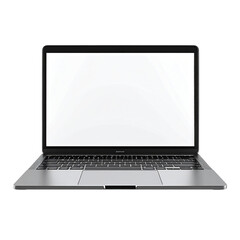 Front view of a modern laptop.  Grey metal body, blank white screen.  Visible keyboard and trackpad