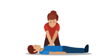 Woman performing CPR on a man lying on the ground.