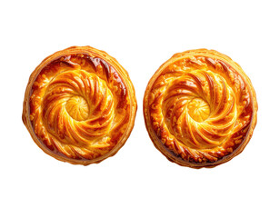 Two round, golden-brown pastries, intricately patterned with spiral designs on top