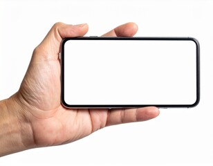 A hand holding a smartphone horizontally with a blank white screen, isolated against a pure white background