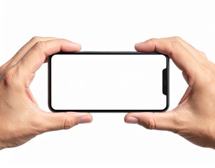 Fototapeta premium A hand holding a smartphone horizontally with a blank white screen, isolated against a pure white background
