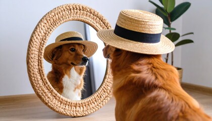 Charming Golden Retriever Dog Wearing Straw Hat in Front of Mirror