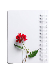 White spiral-bound notebook with a single red flower