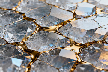 Cracked crystal surface with golden veins, showcasing geometric patterns and reflective textures