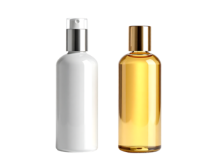 Two cylindrical bottles, one white opaque, one amber translucent, both with simple caps, isolated on black background
