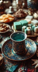 Fototapeta premium Ornate teacup filled with teal liquid, surrounded by colorful sweets and spices