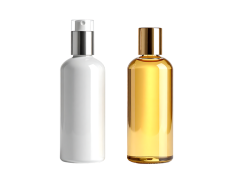 Two cylindrical bottles, one white opaque, one amber translucent, both with simple caps, isolated on black background