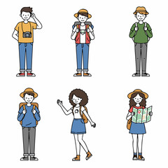 Diverse group of smiling cartoon travelers with backpacks, cameras, and maps, depicting tourism and adventure on a white background.
