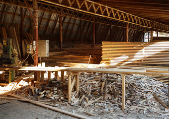 Fototapeta premium View of industrial wood at sawmill