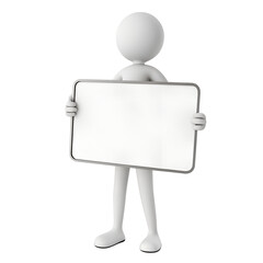 White 3d stick figure character holding a blank white sign for text or graphics isolated on transparent background