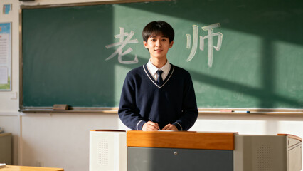 A student stands at a podium in a classroom with Chinese characters on the chalkboard.