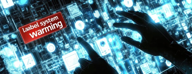 Hands interacting with a glowing, digital interface displaying a red warning label