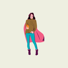 Vibrant illustration of a trendy female enjoying coffee with a flowing cape