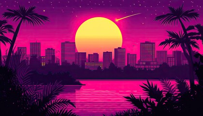 Fototapeta premium Sunset city, tropical vibe, vibrant colors