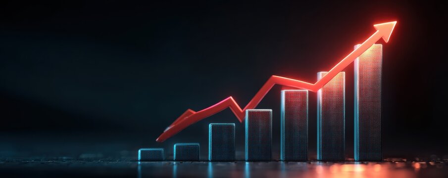 Blue bar graph with a red arrow depicting financial and business growth trends