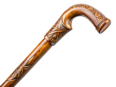 Carved Wooden Walking Stick with Geometric and Floral Patterns back isolated on a transparent background