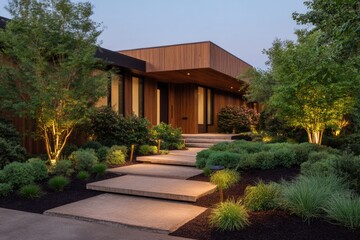 Modern house entrance highlighted by warm lighting, lush greener