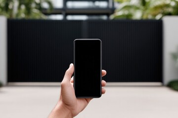 Smartphone in hand controls modern gate, showcasing seamless acc