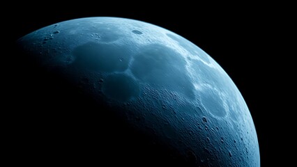 Detailed view of the moon's surface with craters, glowing blue against the darkness of space.
