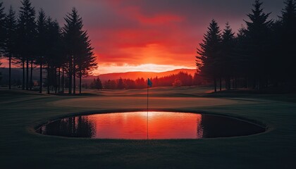 Sunrise over a golf course pond
