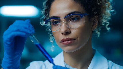 Female scientist examining a test tube in a laboratory setting