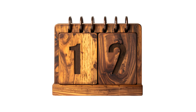 Wooden perpetual calendar displaying the 17th, rich brown tones, intricate metal binding