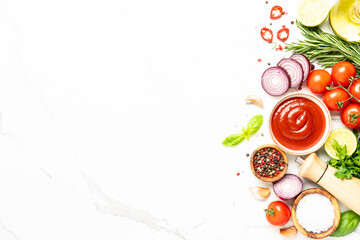 Food background, cooking ingredients on white marble table.