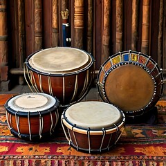 Collection of traditional african drums on a rug in front of a wooden background