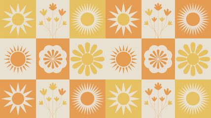 Fototapeta premium Embrace summer vibes with this cheerful pattern of stylized suns and flowers in warm, earthy tones, perfect for adding a retro touch to your design projects and bringing a smile to your audience