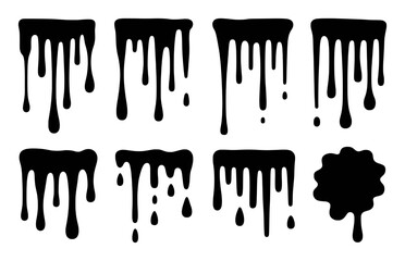 Collection of various dripping liquid shapes, in black and white.