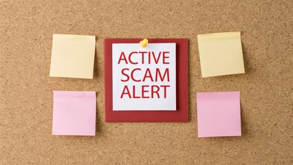 Alert for Active Scam with Sticky Notes on Corkboard Background