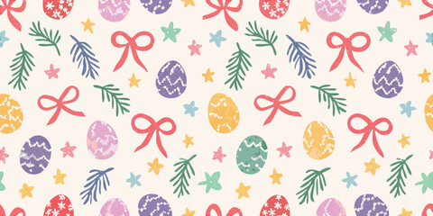Whimsical easter egg and bow pattern with stars and pine sprigs