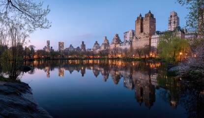 Naklejka premium NYC skyline reflected in a tranquil park lake at dawn