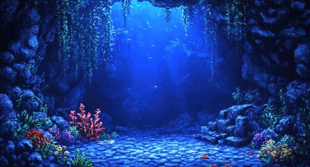 Underwater cave, vibrant blue, pixel art