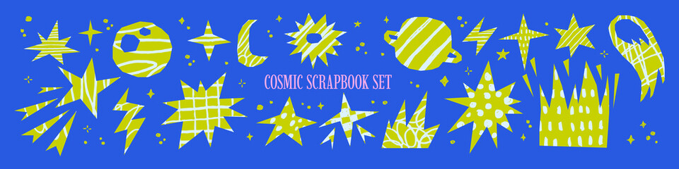 Cutouts cosmic scrapbook set with stars, planets, moon, comets, astronomy scribble doodles pattern. Vector crayon texture. Playful kids collage space icons.