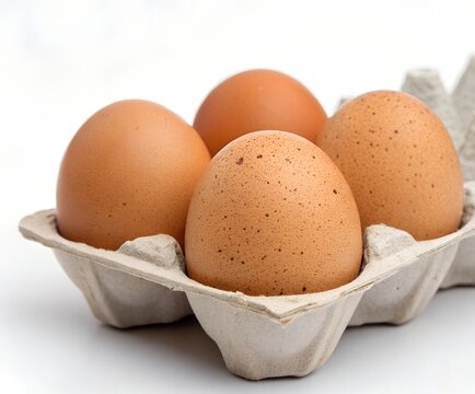 Four brown eggs with speckled shells in gray cardboard carton on white background - Powered by Adobe