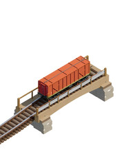 Isometric freight railroad car on bridge. Object isolated on white background. Railway. Wagon on rails. Freight boxcar wagon. Industrial railroad transportation.