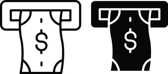 ATM Cash Withdrawal Icon Set – Money Dispenser and Banking Symbols in Outline and Solid Styles